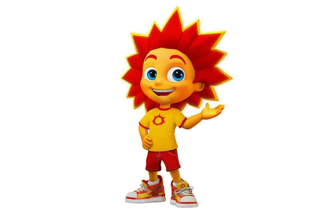Imagem do personagem Solzinho. Ele tem a pele amarela, o cabelo vermelho e roupas nessa cor