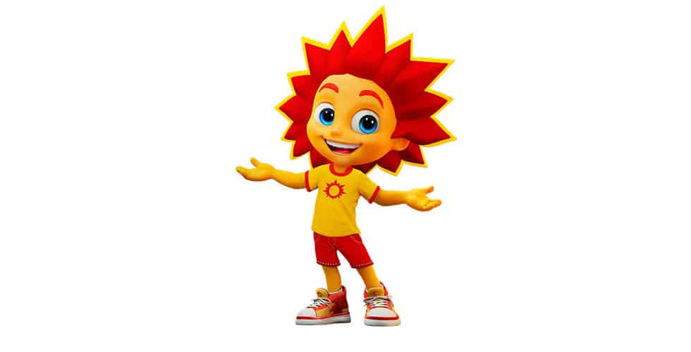 Imagem do personagem Solzinho. Ele tem a pele amarela, o cabelo vermelho e roupas nessa cor