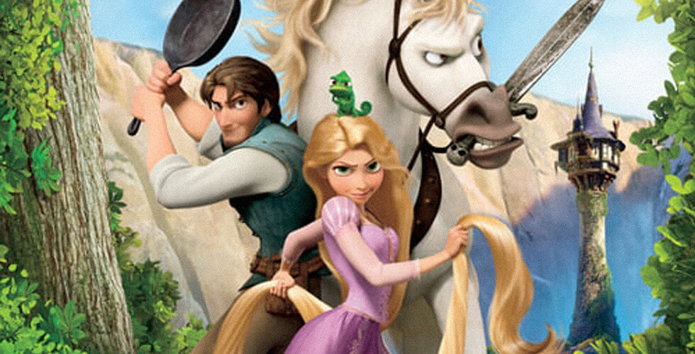 Imagem da princesa Rapuzel, Flynn e o cavalo Maximus