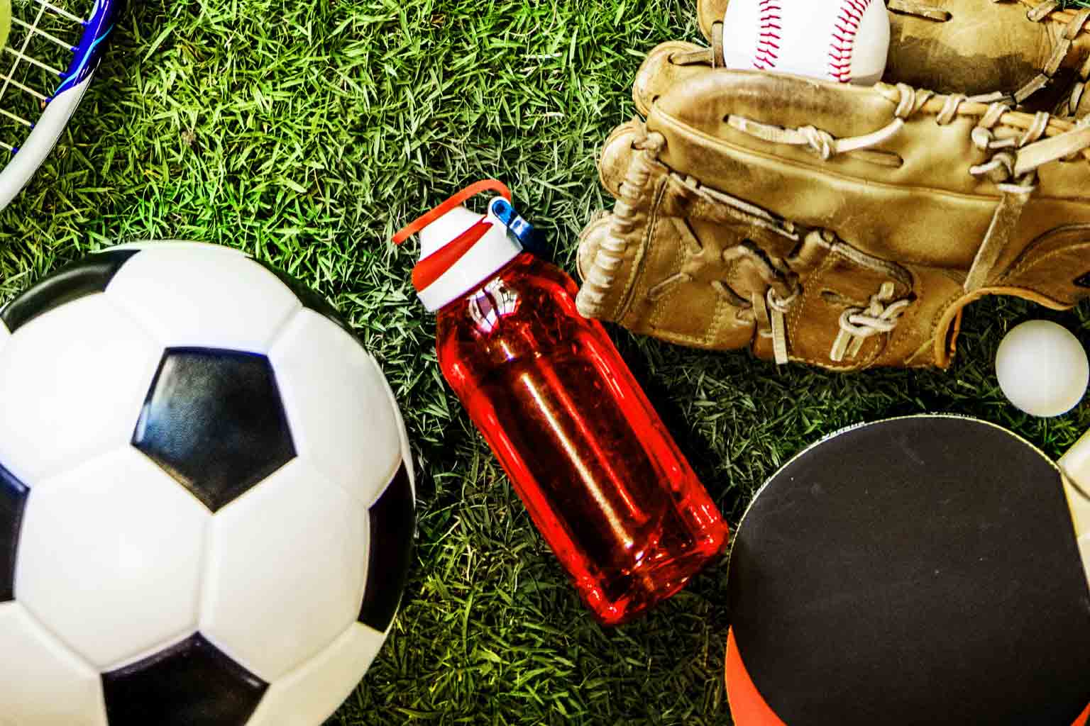 bolas, garrafa d'a´gua, raquete e luvas de beisebol, artigos esportivas representando o dia do esporte